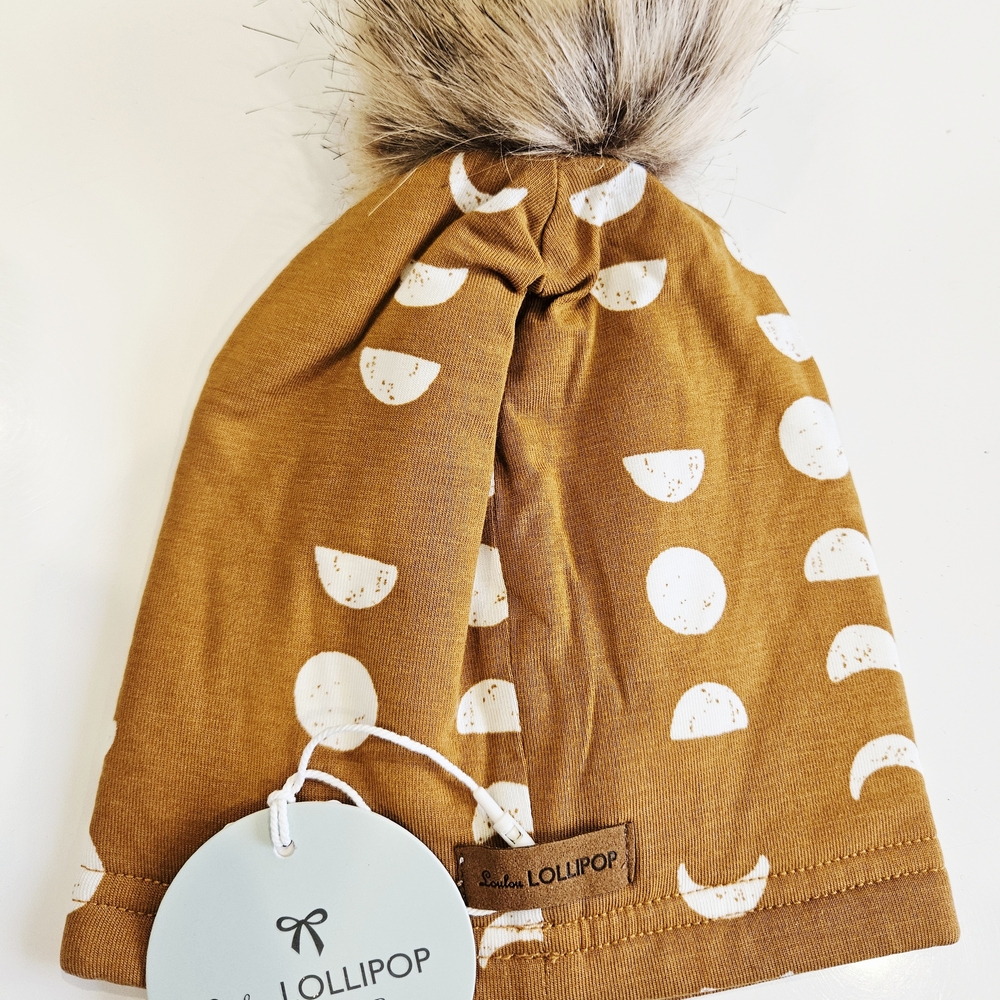 Brown and White Kids Beanie with Pom Pom